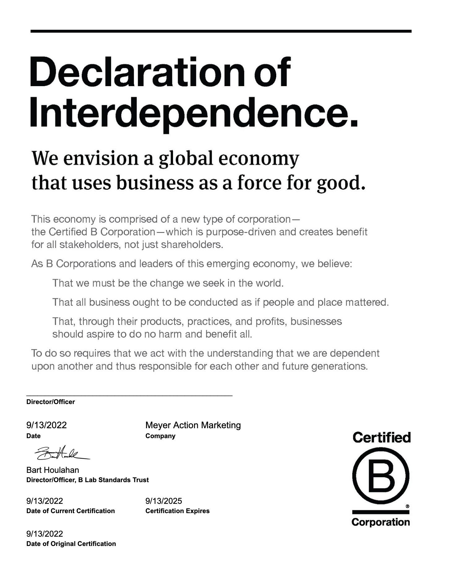Declaration of Interdependence para Meyer, empresa Certificada B, para un triple impacto económico